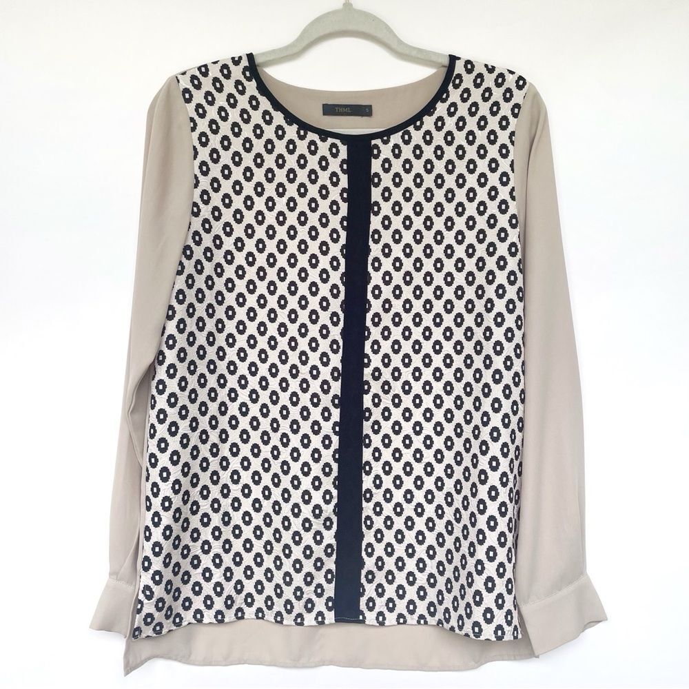 THML Printed Long Sleeve Round Neck Blouse Cream/Black Womens S Career Workwear
